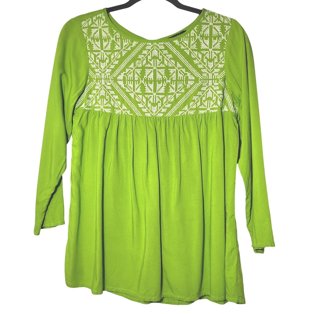 THE VANCA Apple‎ Green Embroidered Babydoll Blouse 3/4 Sleeve Boho Top Medium